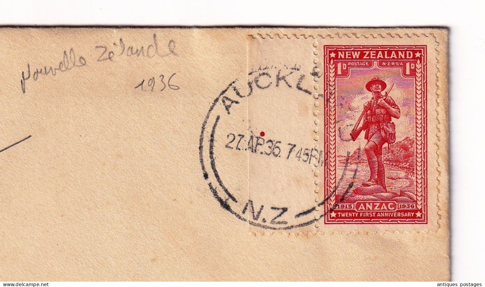 WW1 FDC New Zeland Auckland 1936 Anzar Day Returned Soldiers World War I - FDC