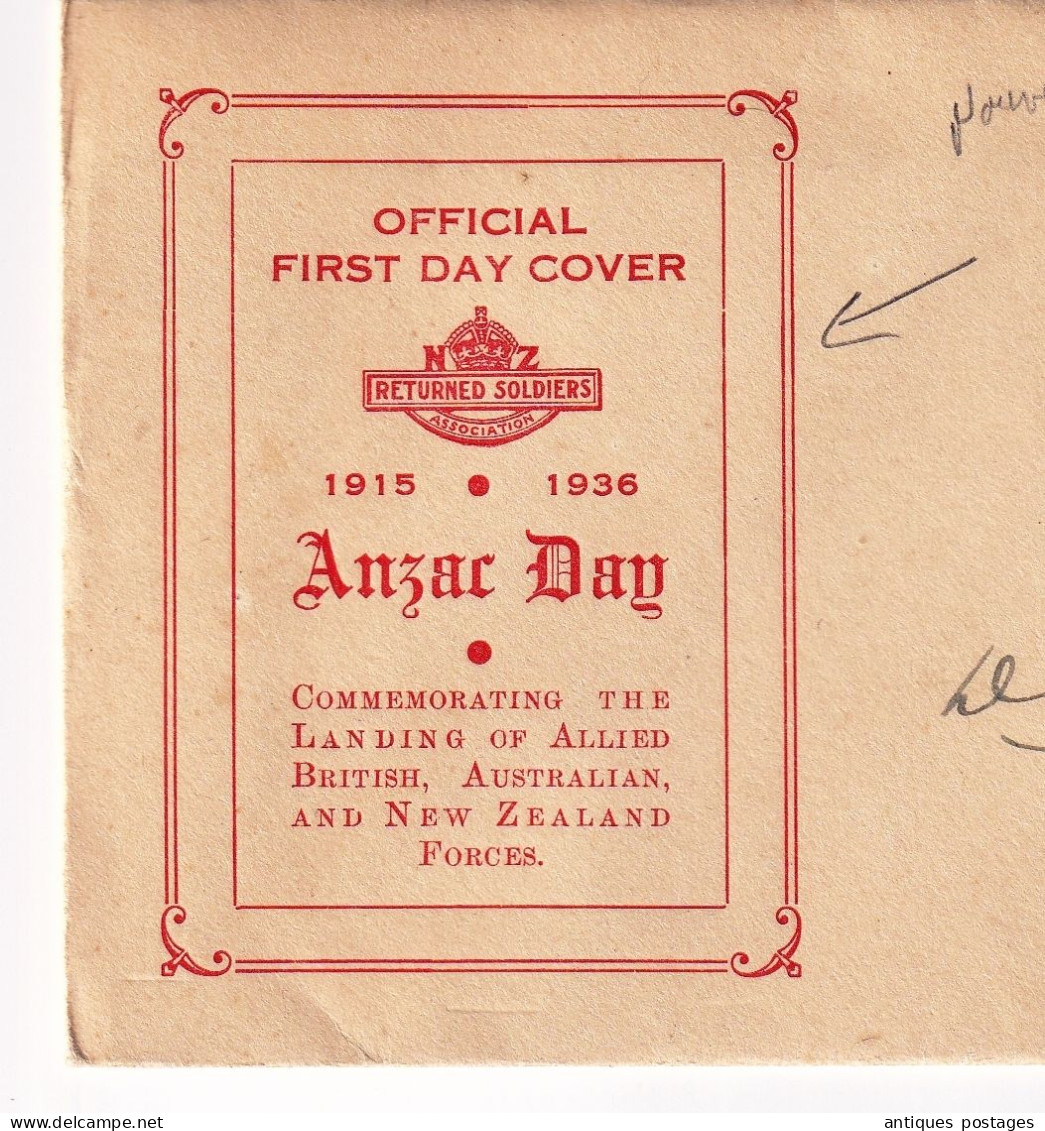 WW1 FDC New Zeland Auckland 1936 Anzar Day Returned Soldiers World War I - FDC