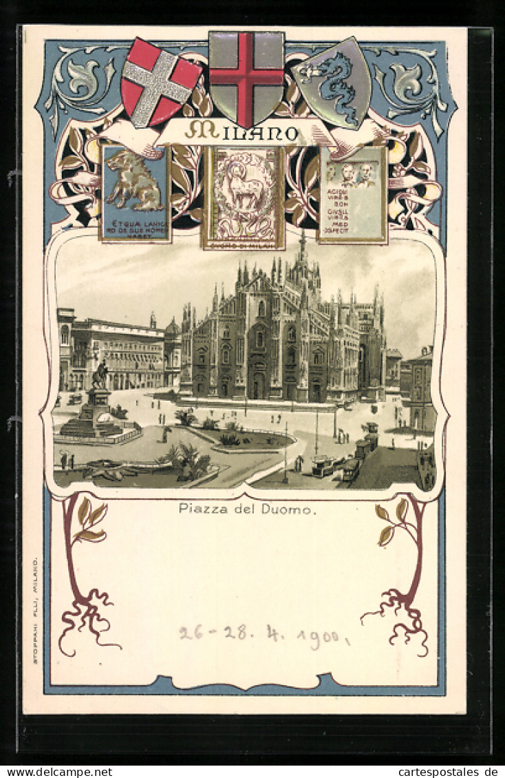 Passepartout-Lithographie Milano, Piazza Del Duomo, Wappen  - Otros & Sin Clasificación