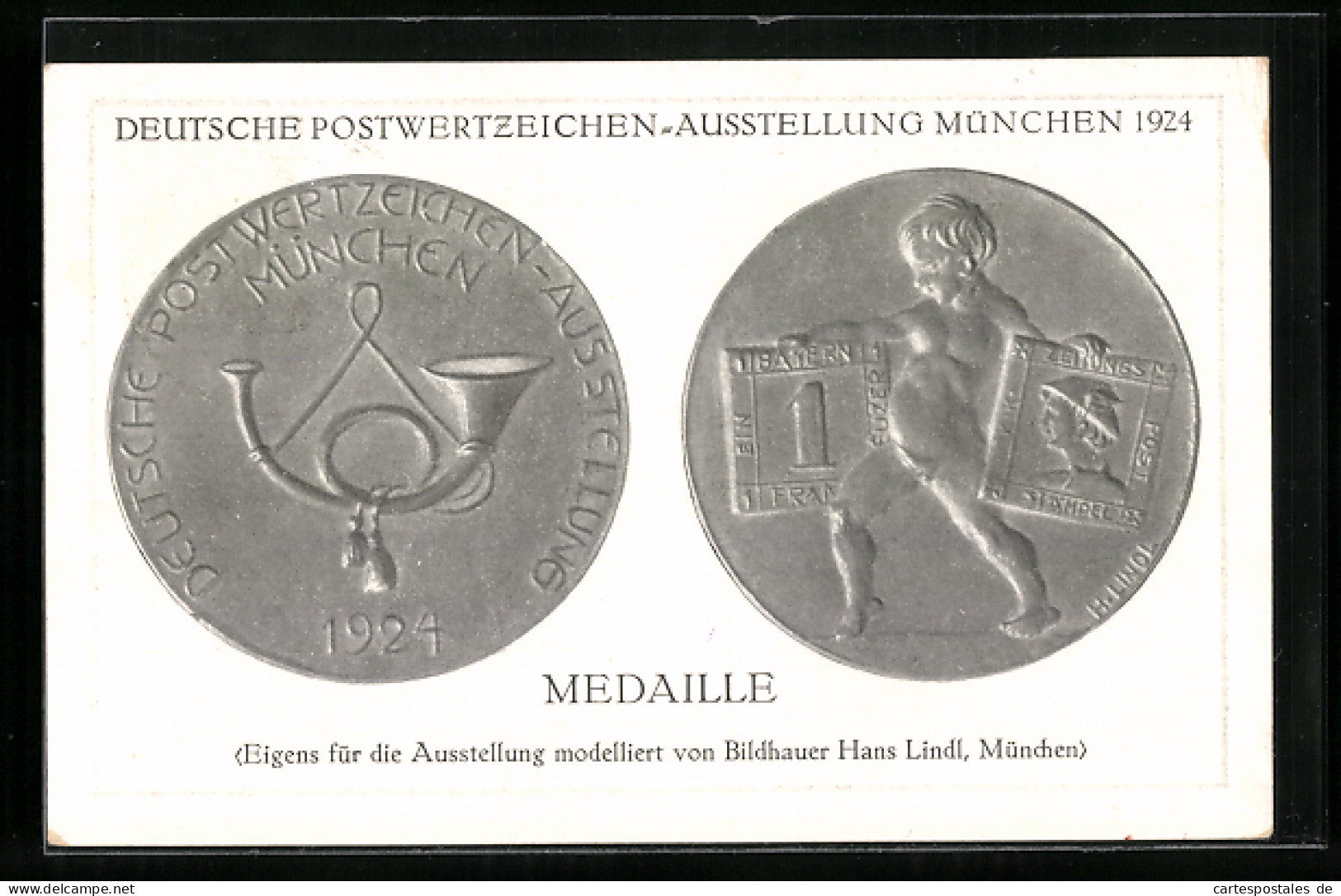 AK München, Deutsche Postwertzeichen-Ausstellung 1924, Medaille Modelliert Von Bildhauer Hans Lindl  - Briefmarken (Abbildungen)