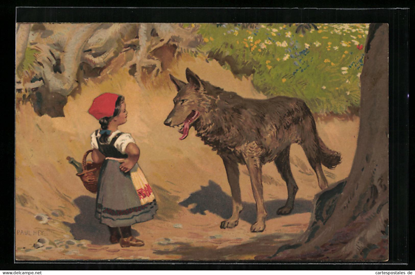 Künstler-AK P. Hey: Rotkäppchen, Die Begegnung Mit Dem Wolf Auf Dem Weg Zur Grossmutter, Grimms Märchen  - Fairy Tales, Popular Stories & Legends