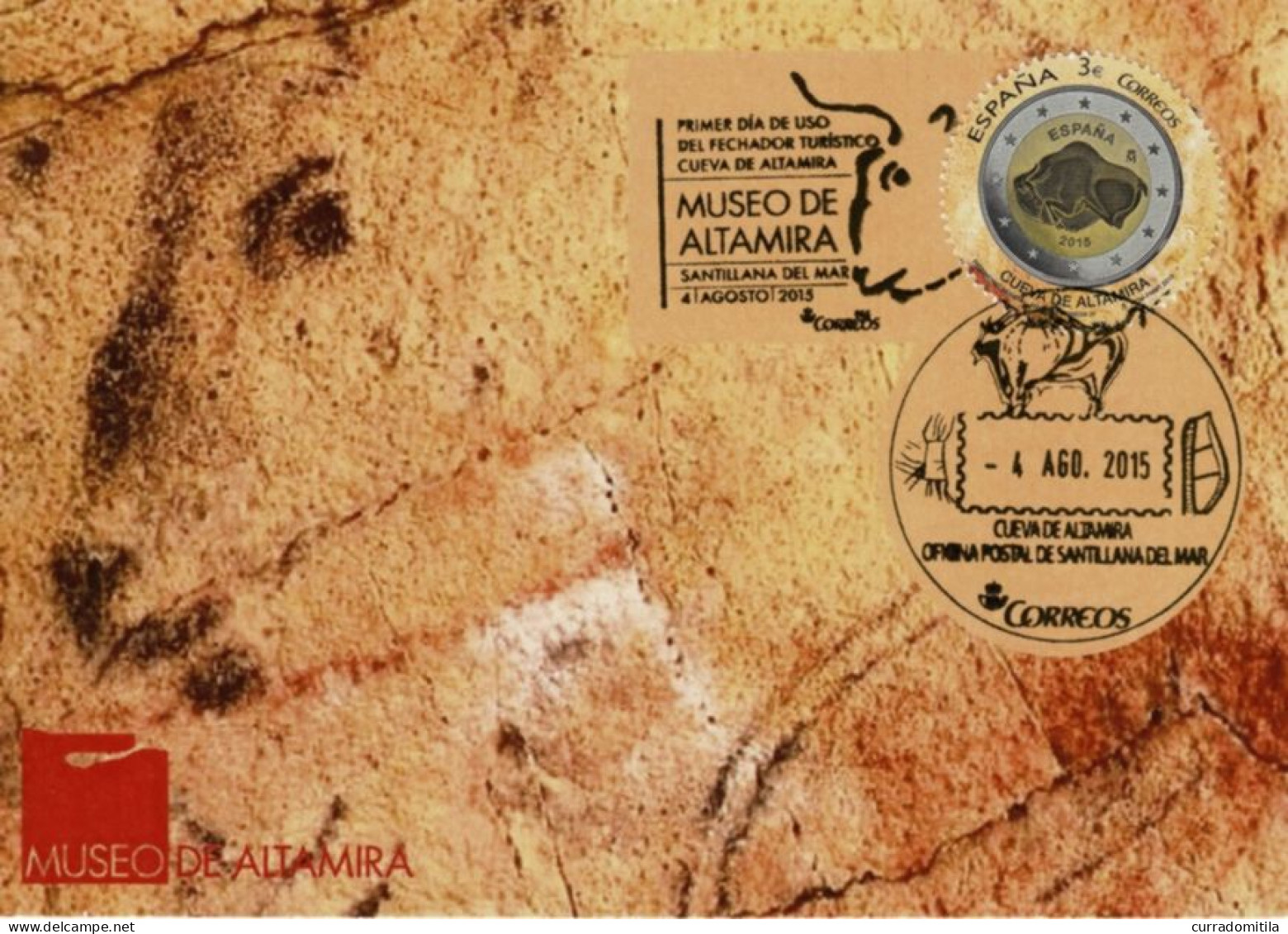 2015 Card (Large) With Rock Art Cancellations, Prehistoric Bison Of Altamita And Special Stamp Of Altamira - Archeologie