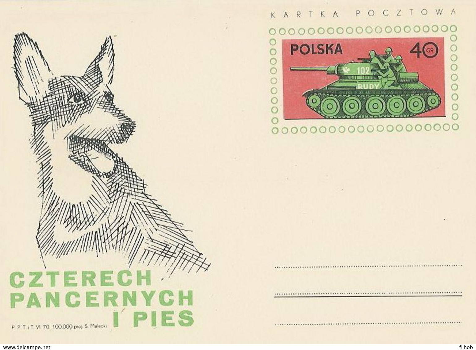 Poland Postcard Cp 456: Film Four Armored Dog Tank - Stamped Stationery
