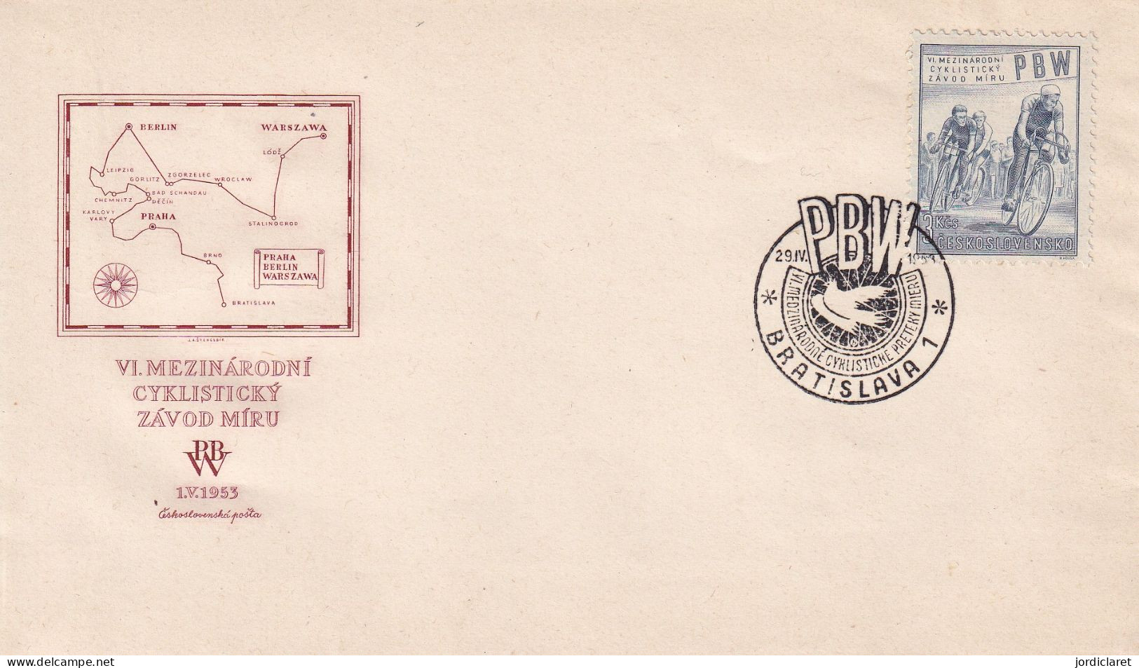 FDC 1953  CHECOSLOVAQUIA - Wielrennen