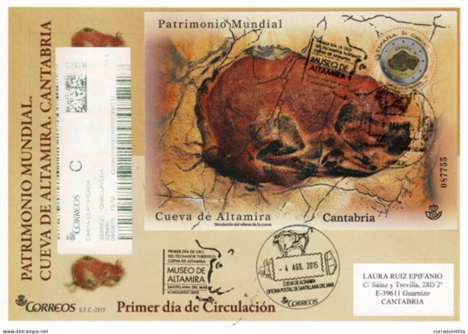 2015 Registered Cover. Prehistoric Rock Art Paintings Bison Of Altamita And Special Cancellations - Archeologie