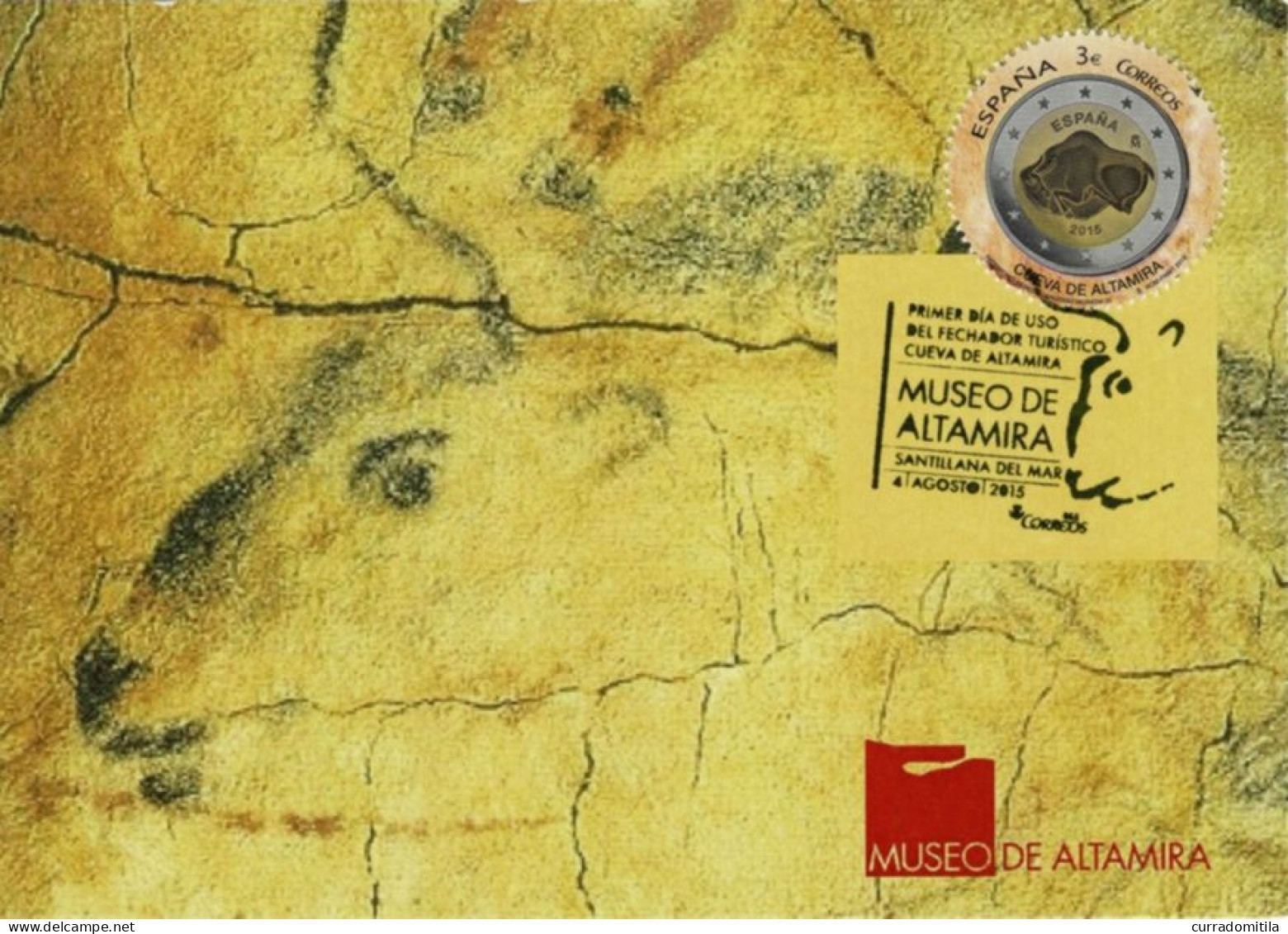 2015 Card With Rock Art Cancellation, Prehistoric Bison Of Altamita And Special Stamp Of Altamira - Arqueología