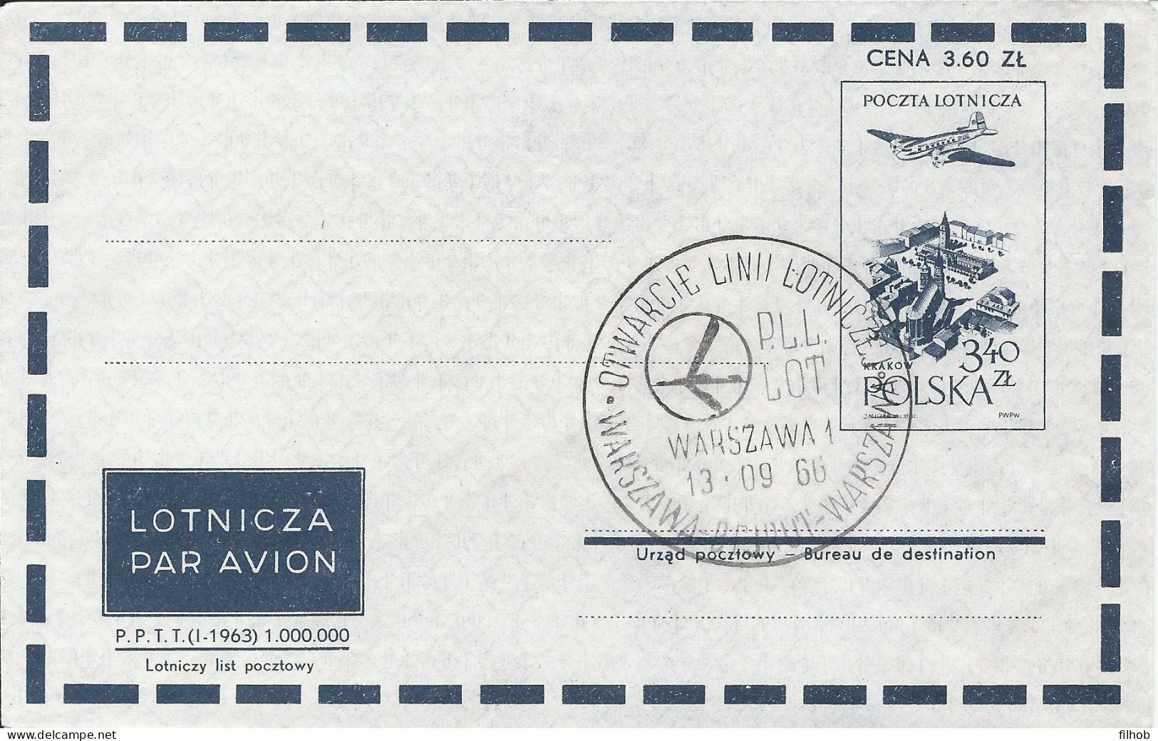 Poland Postmark D66.09.13 WARSZAWA.01kop: Aviation LOT Opening Of The Airline Beirut - Postwaardestukken