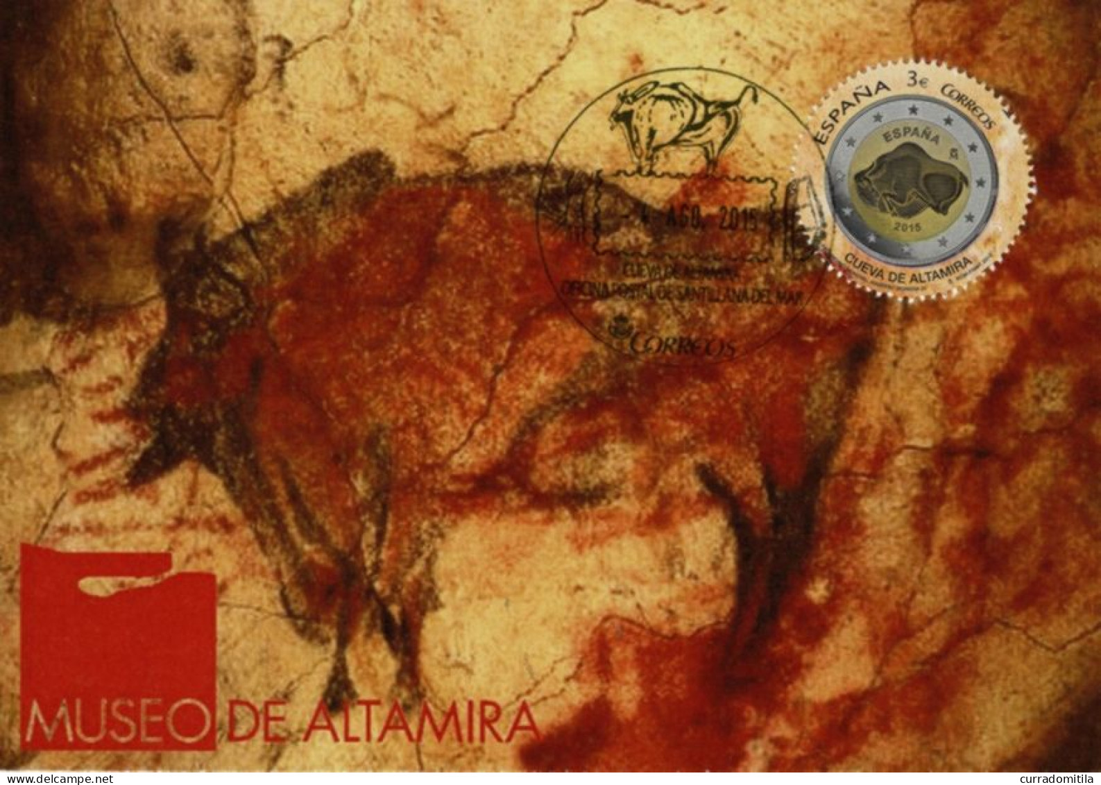 2015 Card With Rock Art Cancellation, Prehistoric Bison Of Altamita And Special Stamp Of Altamira - Arqueología