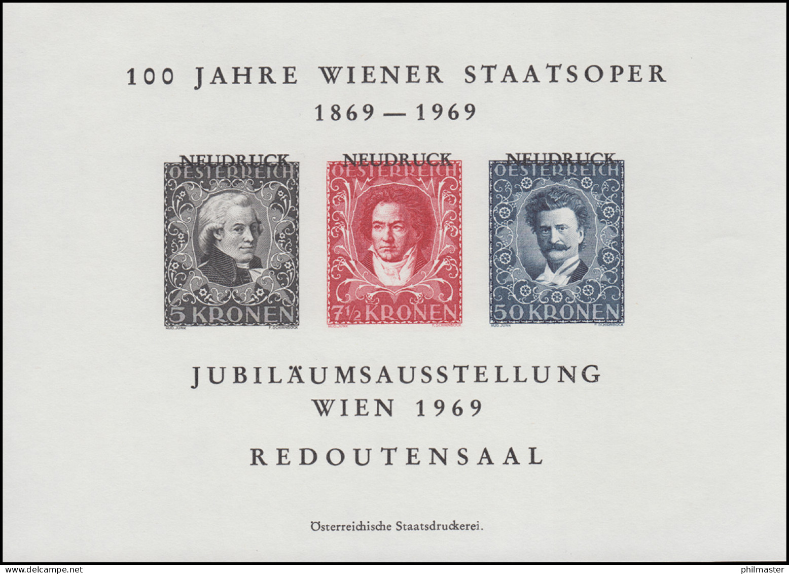 Gedenkblatt 100 Jahre Wiener Staatsoper 1869-1969 Mit Neudrucke 419, 420, 423 - Sonstige & Ohne Zuordnung