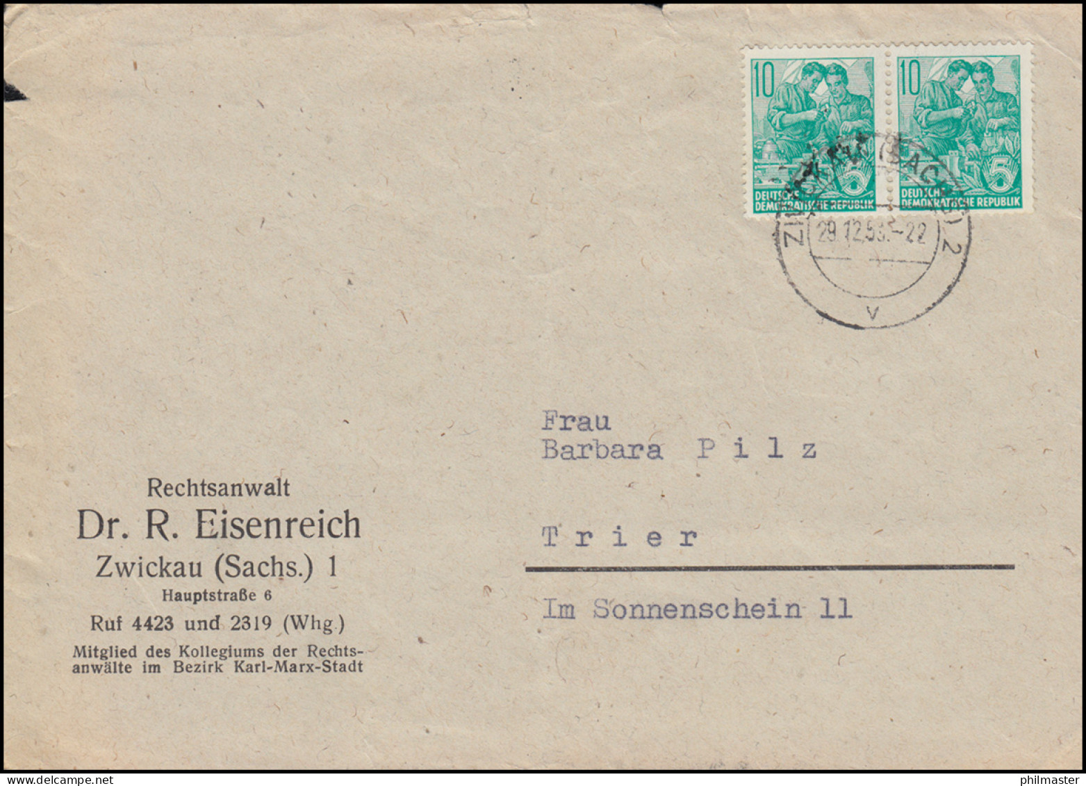 704B Fünfjahrplan Im Paar Als MeF Auf Brief ZWICKAU (SACHS.) 29.12.59 Nach Trier - Covers & Documents