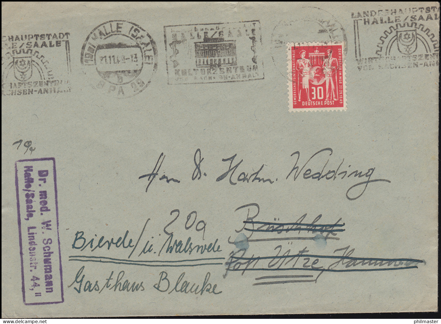 244 Postgewerkschaft Auf Brief Werbestempel HALLE/SAALE Kulturzentrum 21.11.1949 - Sonstige & Ohne Zuordnung