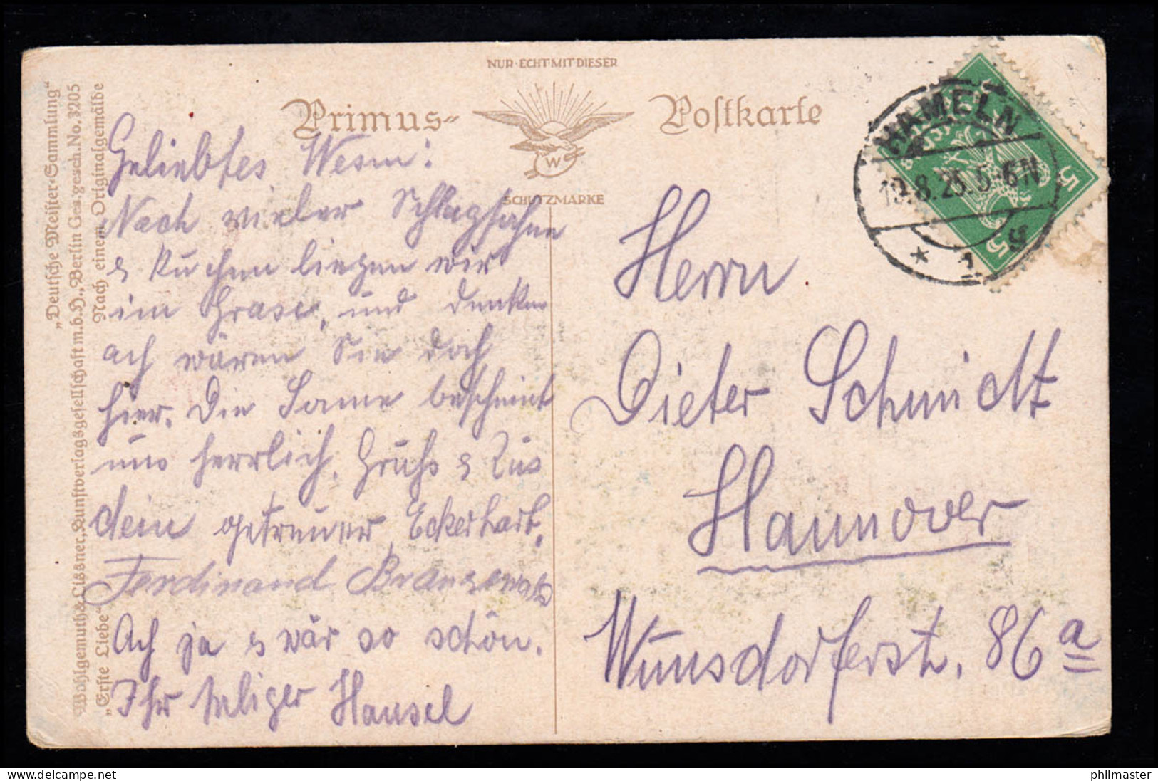 Kinder-AK Gemälde: Erste Liebe, Primus-Postkarte, HAMELN 19.8.1925 - Sonstige & Ohne Zuordnung