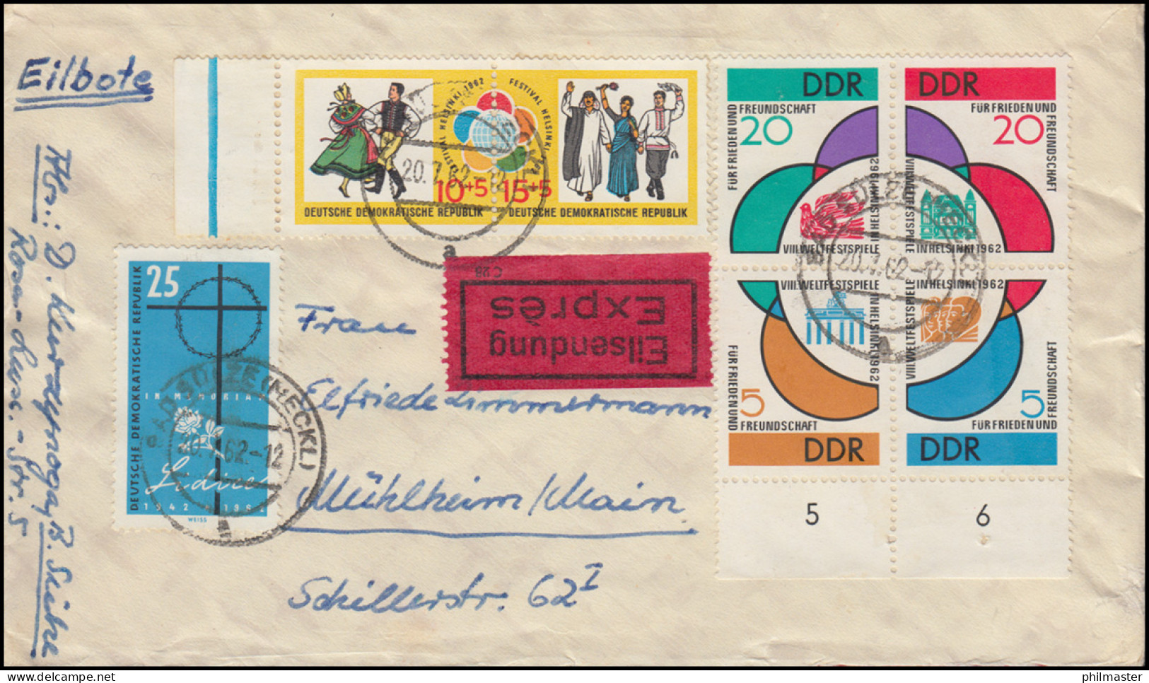 901-904 Und 905-906 Weltfestspiele-Zusammendrucke Eil-Brief BAD SÜLZE 20.1.1962 - Zusammendrucke