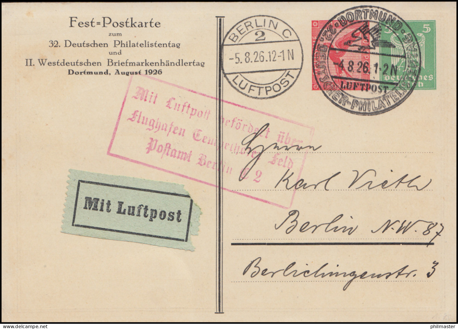 Mit Luftpost Befördert über Tempelhofer Feld Postamt Berlin SSt Dortmund 4.8.26 - Esposizioni Filateliche