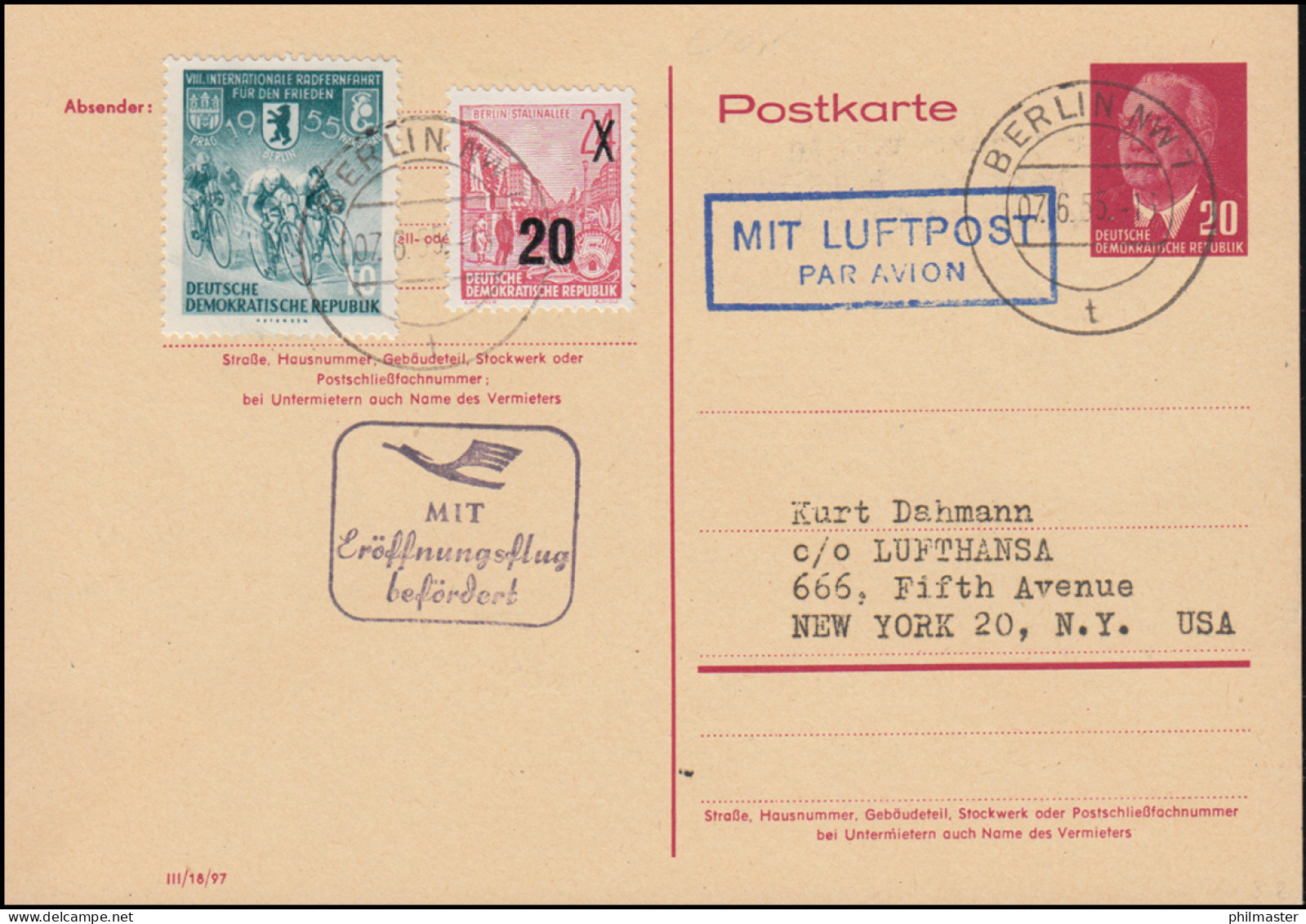 DDR Postkarte P 54 + Zusatz. BERLIN 7.6.55 Stempel Mit Eröffnungsflug Befördert - Erst- U. Sonderflugbriefe