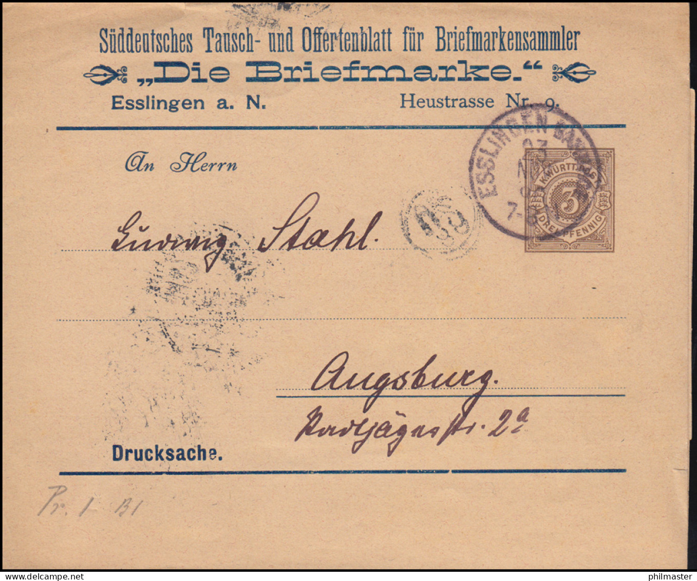 Württemberg PS 2 Streifband-Drucksache Die Briefmarke ESSLINGEN-BAHNHOF 23.11.96 - Postwaardestukken