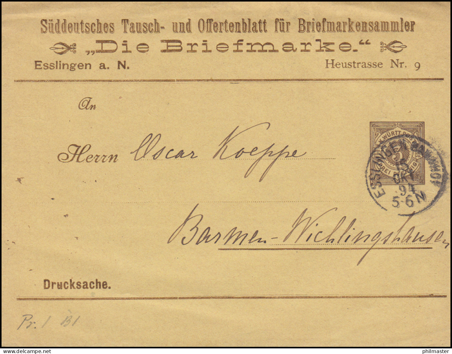 Württemberg PS 2 Streifband Die Briefmarke ESSLINGEN-BAHNHOF 15.10.1894 - Interi Postali