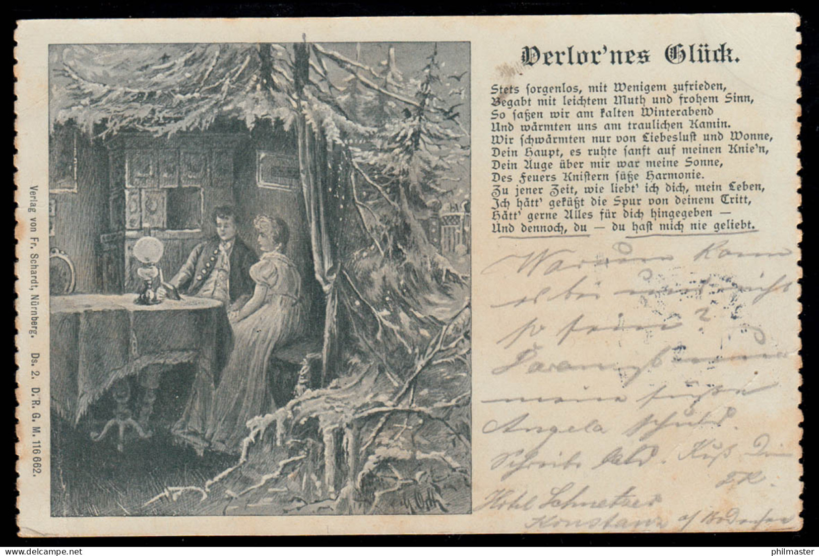 Lyrik-AK Liebespaar Beim Vorlesen Gedicht Verlor'nes Glück LANDSBERG / LECH 1899 - Autres & Non Classés