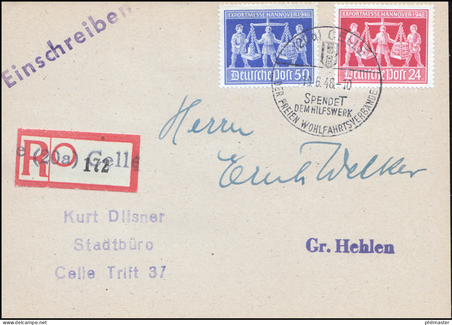 969-970 Messe Hannover Auf R-Postkarte Not-R-Zettel SSt CELLE Spendet 19.6.48 - Autres & Non Classés