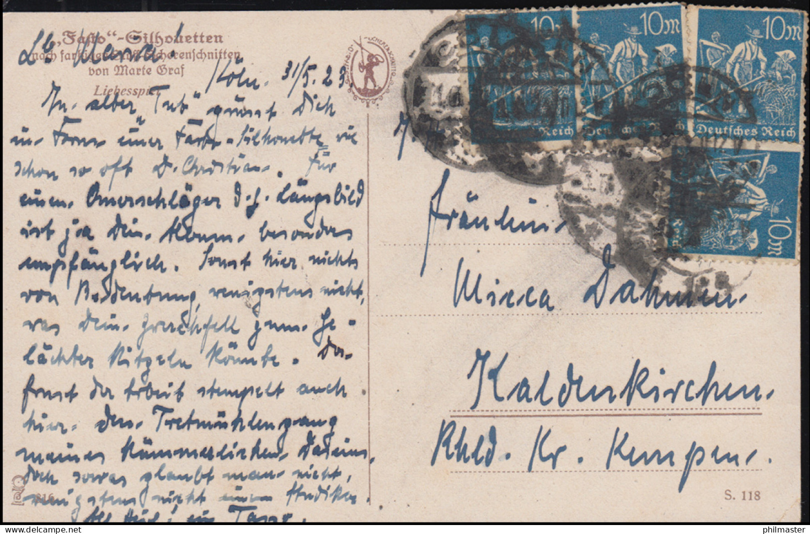 Fasto-Silhouetten-Ansichtskarte Liebesspiel Verlorenes Spiel, KÖLN 31.5.1923 - Zonder Classificatie