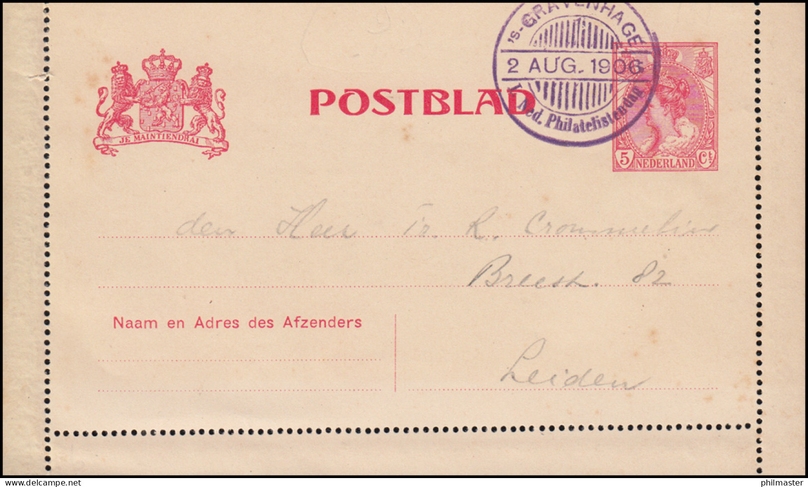 Niederlande Kartenbrief K 9 Mit SSt S'GRAVENHAGE 1. Philatelistentag 2.8.1906 - Philatelic Exhibitions