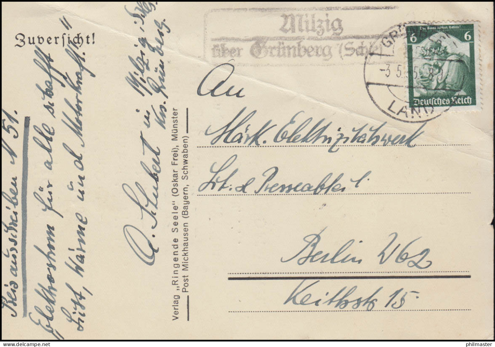Landpost  Milzig über GRÜNBERG (SCHLE) LAND 3.5.1915, AK Gedicht Zuversicht, Bug - Autres & Non Classés