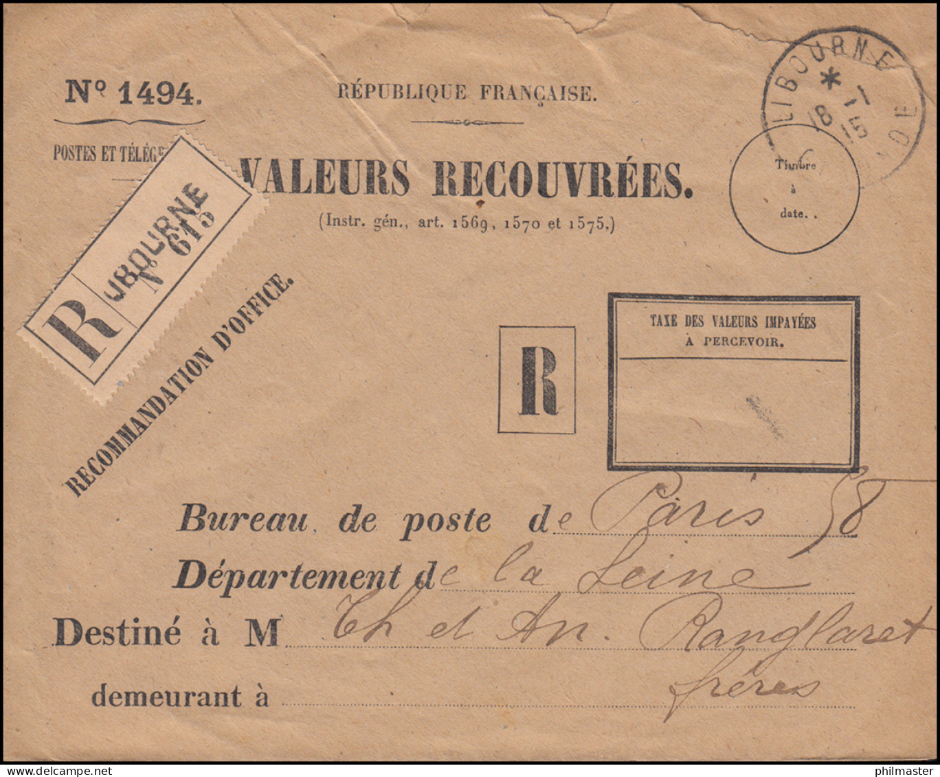 Dienstbrief VALEURS RECOUVREES Als R-Brief Not-R-Zettel LIBOURNE 18.1.1915 - Other & Unclassified