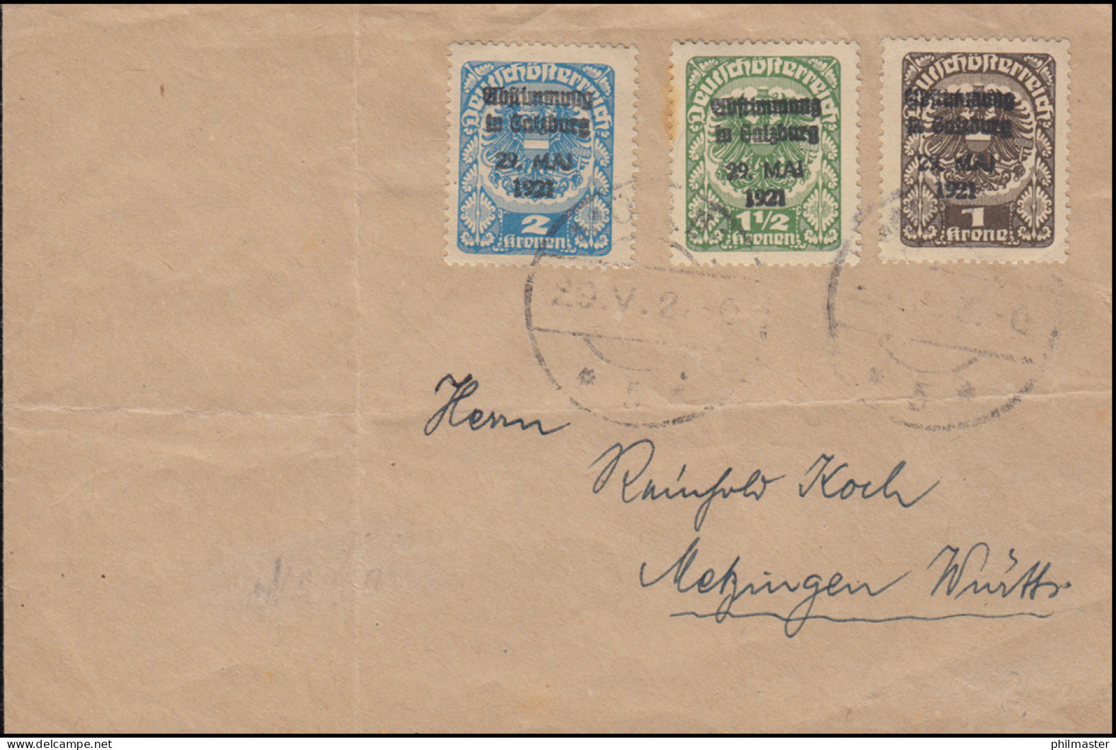 Österreich: 3 Werte Mit Aufdruck ABSTIMMUNG IN SALZBURG 29. Mai 1921 Auf Brief - Autres & Non Classés