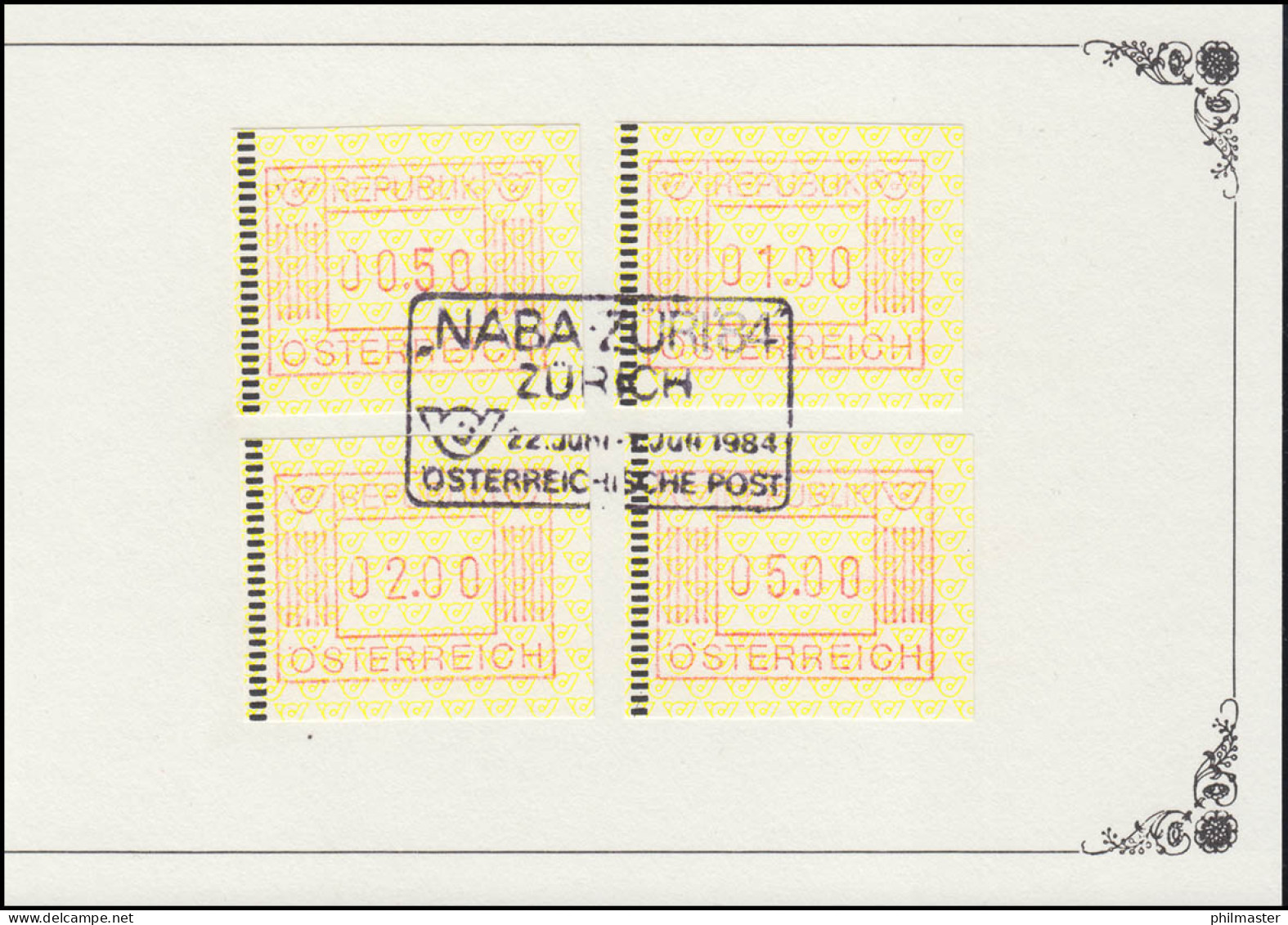 Österreich NABA-Souvenier Mit 4 ATM Passender SSt NABA Österreichische Post 1984 - Automatenmarken [ATM]