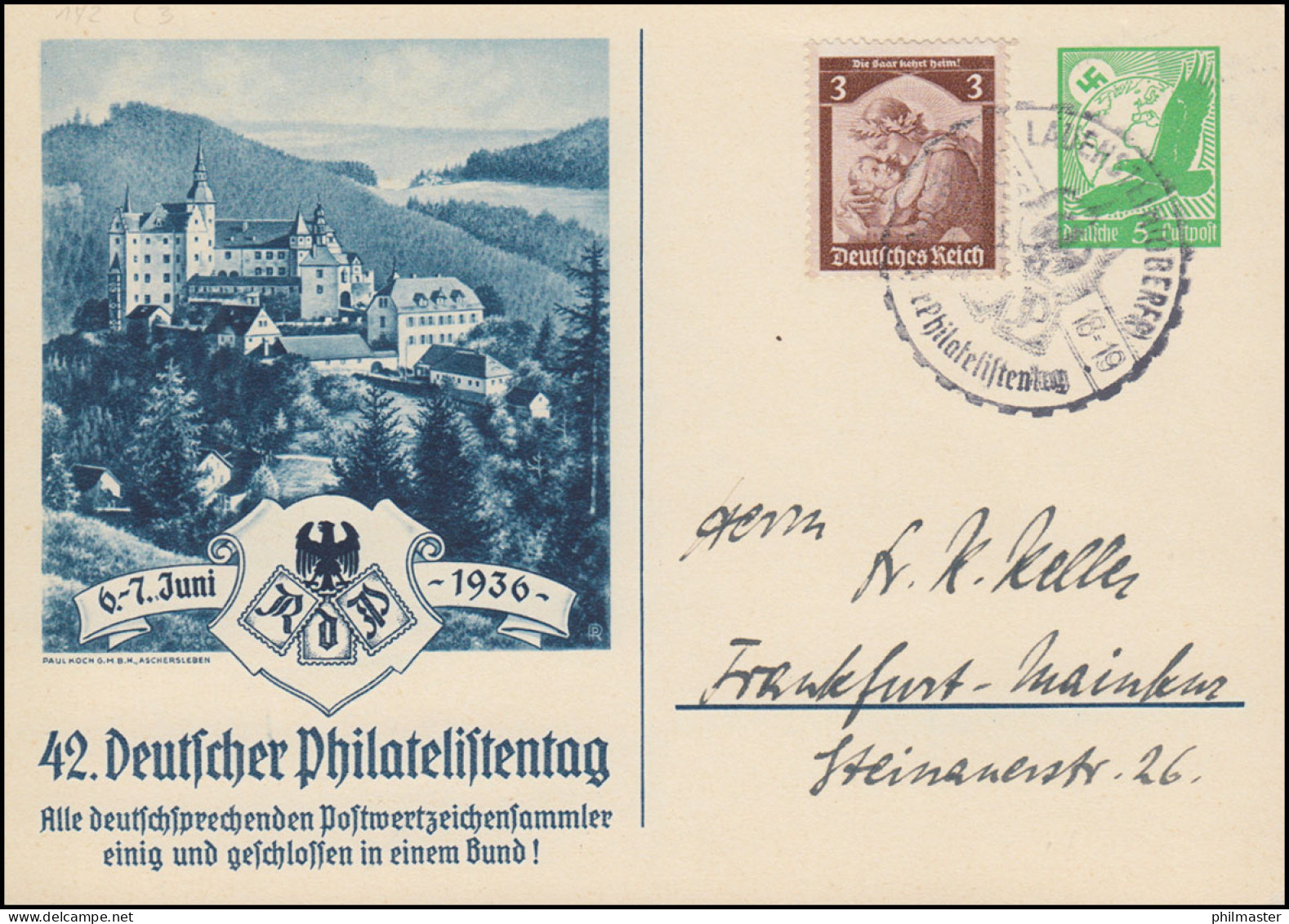 PP 142 42. Deutscher Philatelistentag 1936 + Zusatzfr. SSt LAUENSTEIN 7.6.36 - Esposizioni Filateliche