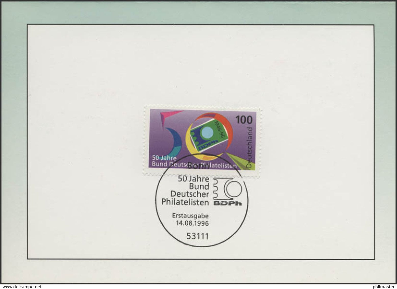 Faltkarte 50 Jahre Bund Deutscher Philatelisten 1996, ESSt Bonn 14.8.96 - Philatelic Exhibitions