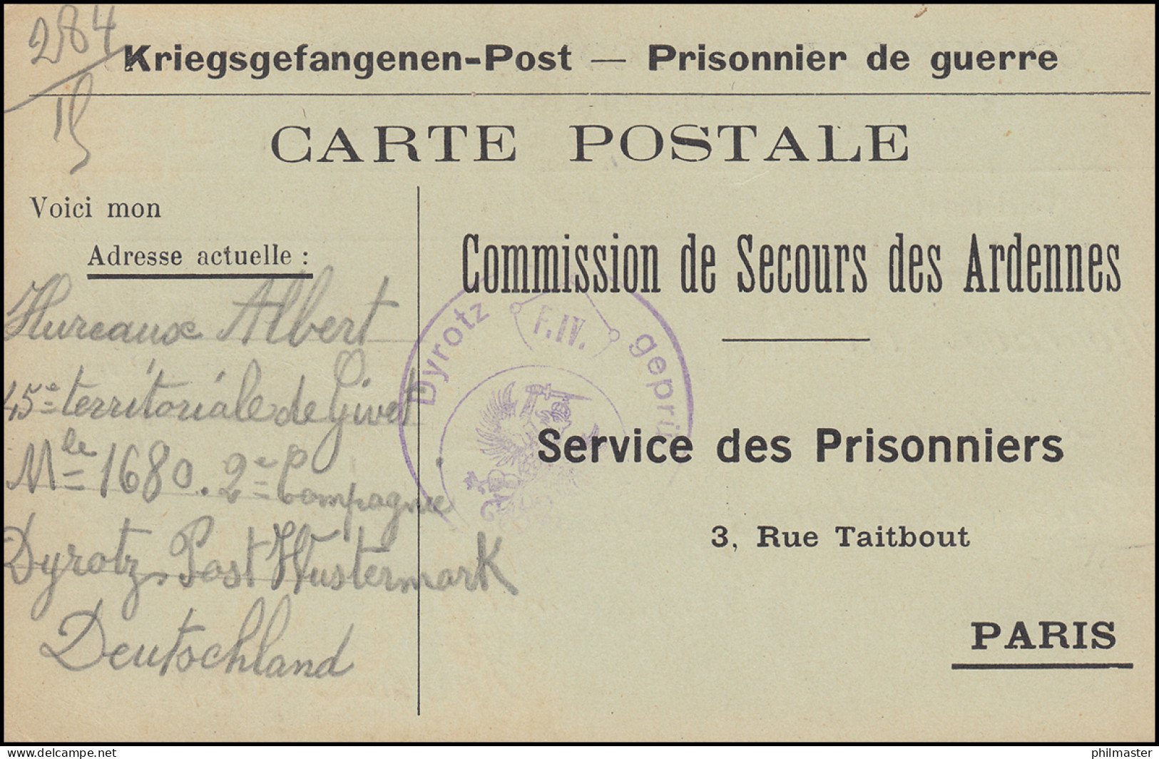 Kriegsgefangenenpost Aus Dem Lager Dyrotz / Wustermark Vordruckkarte Nach Paris - Autres & Non Classés