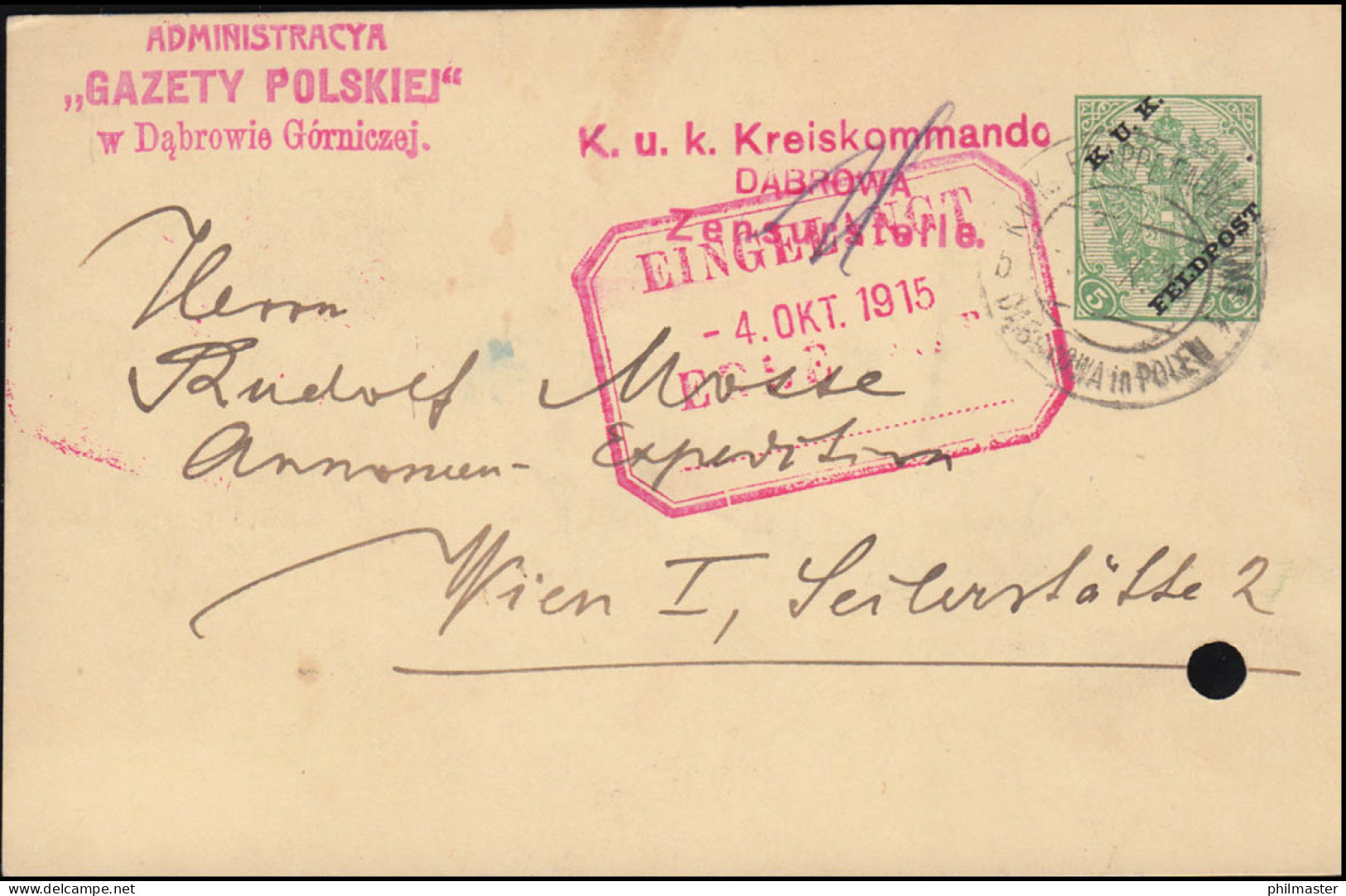 Österreich Feldpost FP 2 Aufdruck 5 H. ETAPPENPOSTAMT DABROWA In Polen 3.10.1915 - Sonstige & Ohne Zuordnung