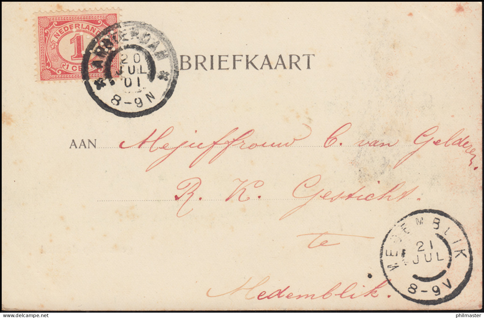 Firmenlochung/Perfin K Auf 50 Ziffer Auf AK Nymegen Panorama AMSTERDAM 20.6.1901 - Other & Unclassified