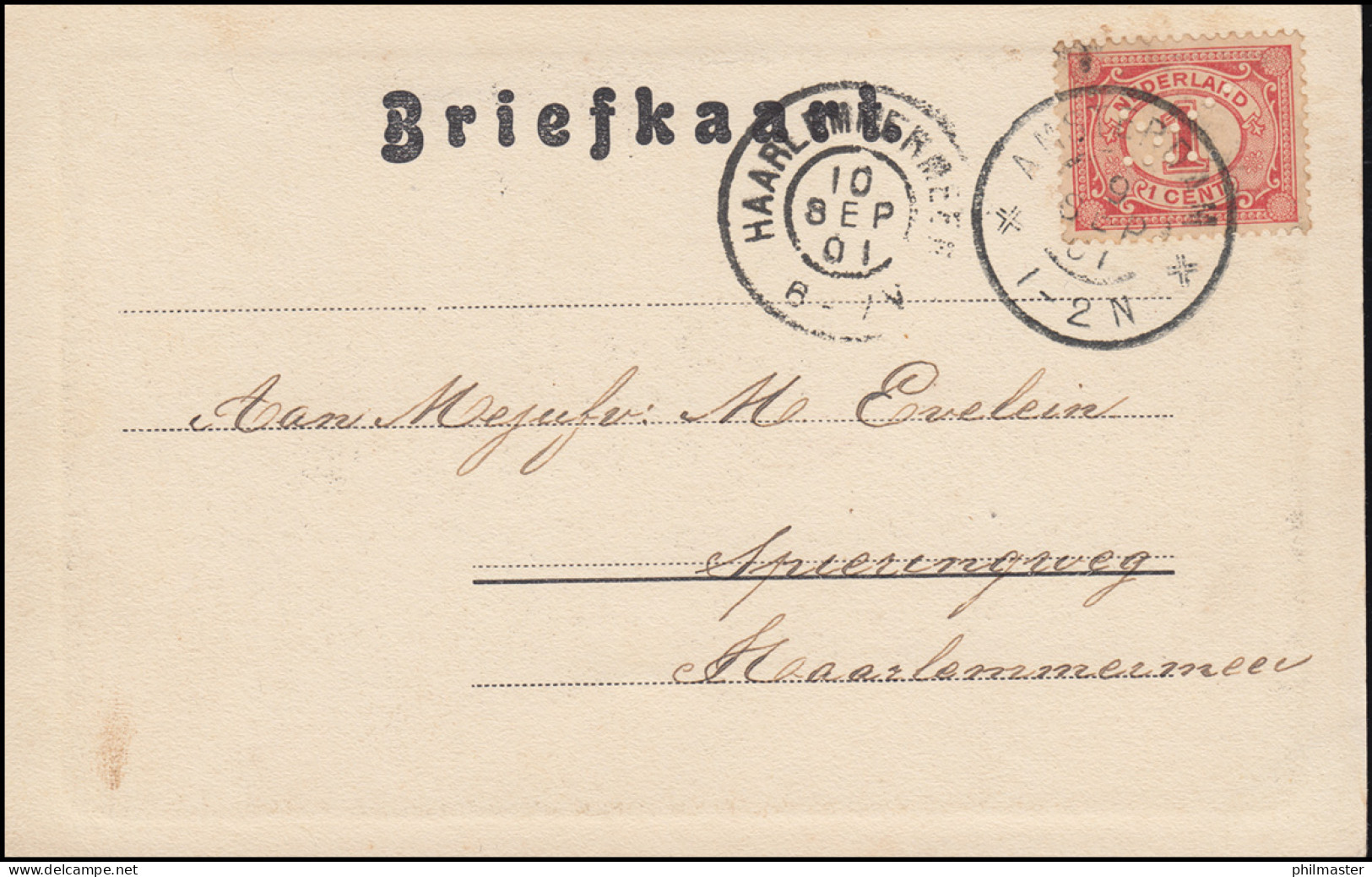 Firmenlochung/Perfin K Auf 50 Ziffer EF Auf AK Willemspoort AMSTERDAM 9.9.1901 - Autres & Non Classés