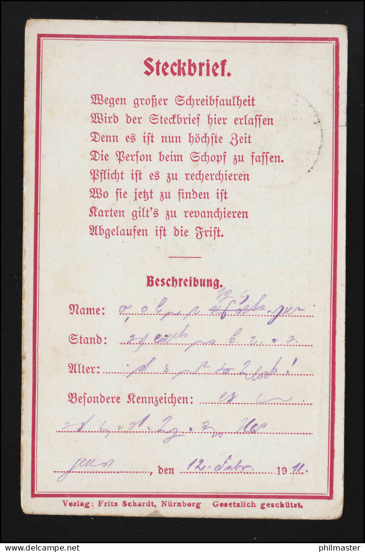 Lyrik AK Steckbrief Vers Humor, Reim Zum Ausfüllen, SCHILDBERG (Posen) 13.2.1911 - Sonstige & Ohne Zuordnung