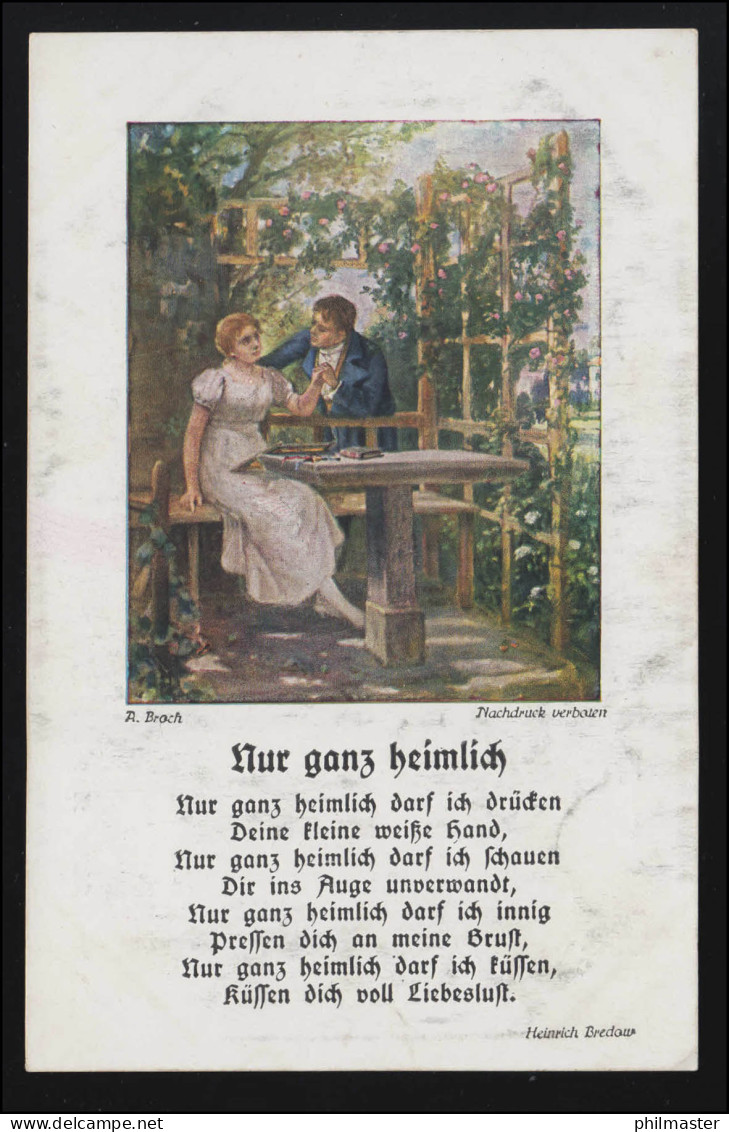 Lyrik AK "Nur Ganz Heimlich" Liebespaar In Laube, H. Bredow, Marine Post 29.7.18 - Sonstige & Ohne Zuordnung