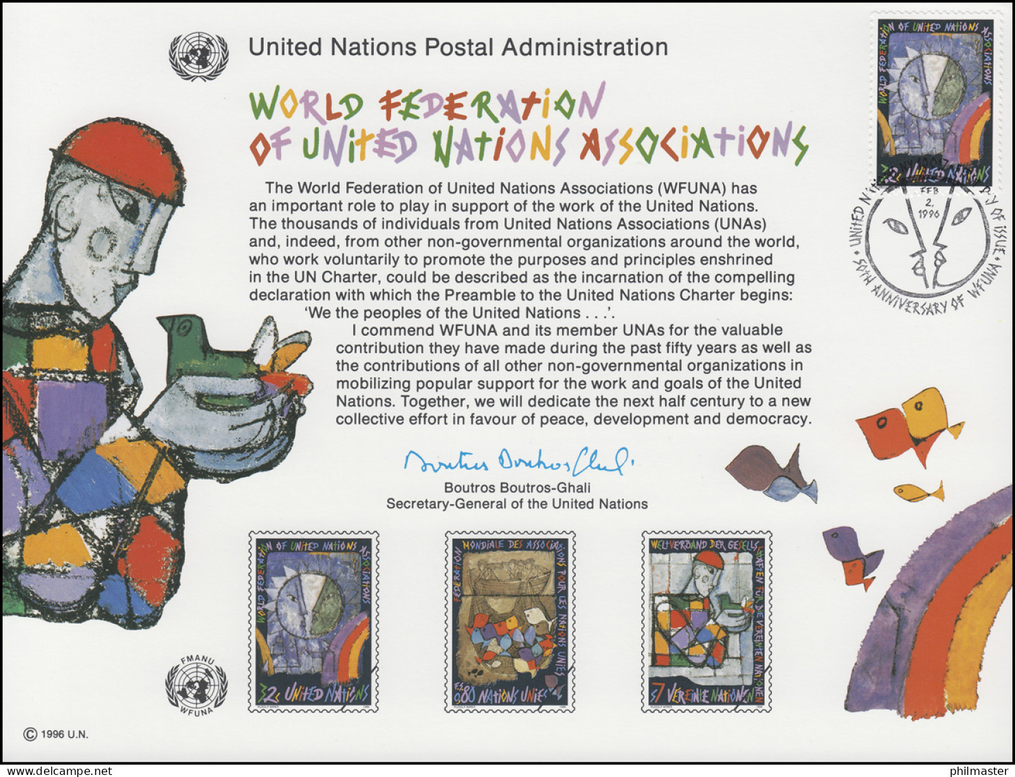 UNO Erinnerungskarte EK 49 WFUNA 1996, NY-FDC 2.2.1996 - Sonstige & Ohne Zuordnung