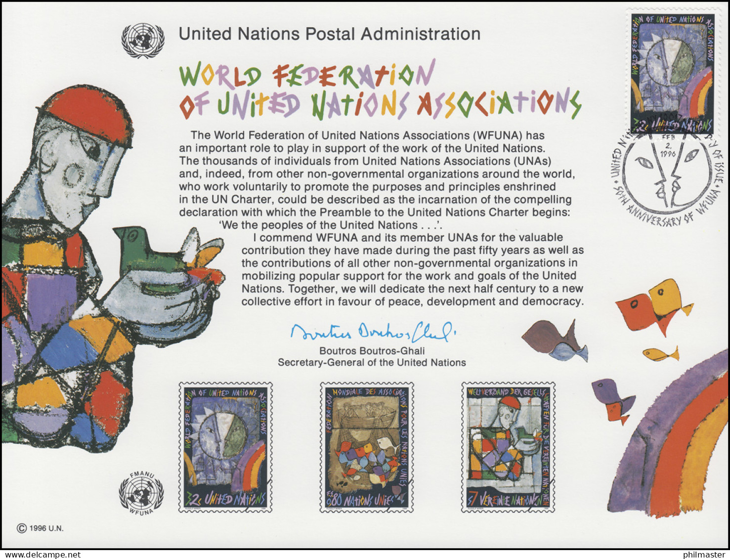 UNO Erinnerungskarte EK 49 WFUNA 1996, NY-FDC 2.2.1996 - Autres & Non Classés