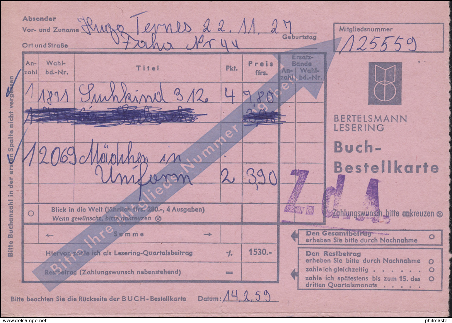 Landpost Faha über Merzig, Buchbestellkarte SSt MERZIG 100 Jahre Stadt 16.2.59 - Other & Unclassified