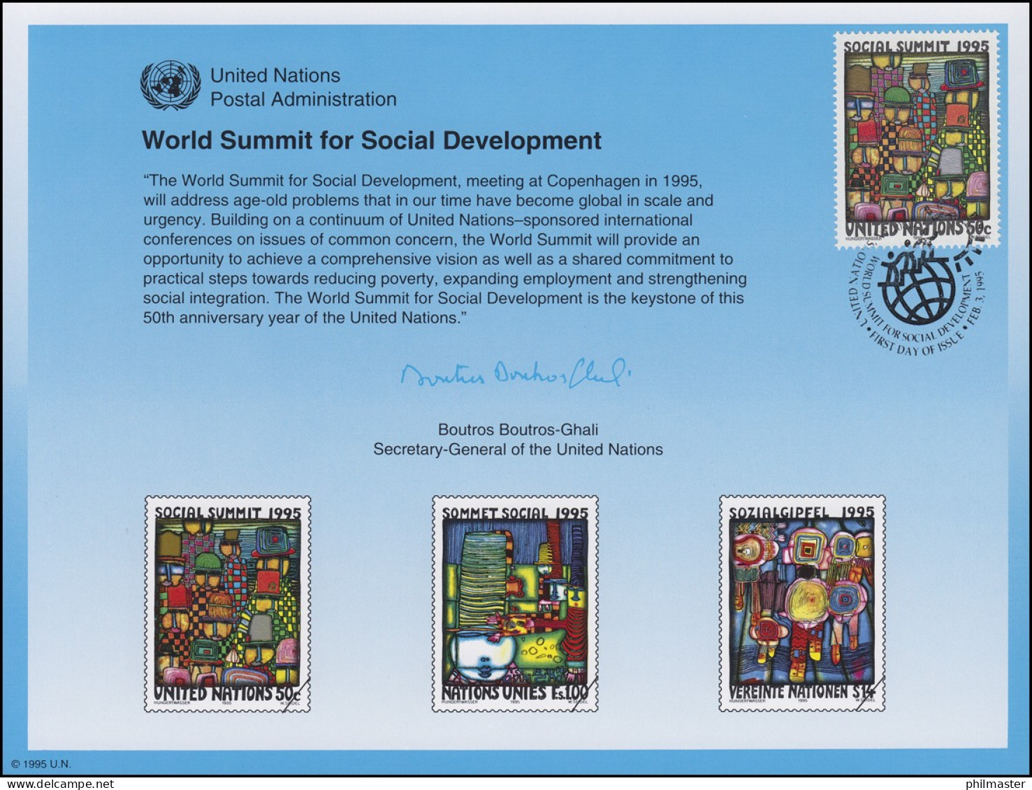 UNO Erinnerungskarte EK 47 Soziale Entwicklung 1995, NY-FDC 3.2.1995 - Sonstige & Ohne Zuordnung