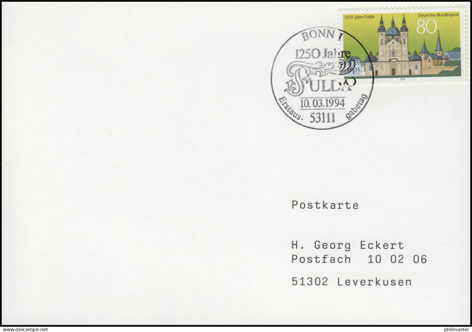 1722 Fulda, EF FDC-Postkarte ESSt Bonn 1250 Jahre Fulda 10.3.1994 - Sonstige & Ohne Zuordnung