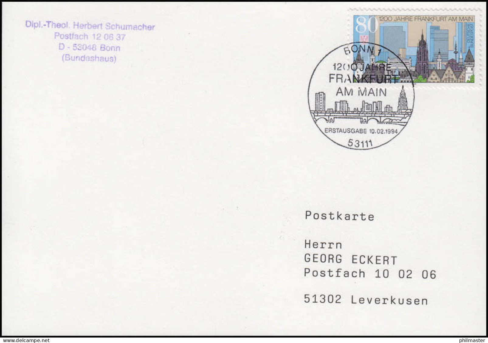 1721 Frankfurt/Main, EF FDC-Postkarte ESSt Bonn Stadtpanorama 10.2.1994 - Other & Unclassified