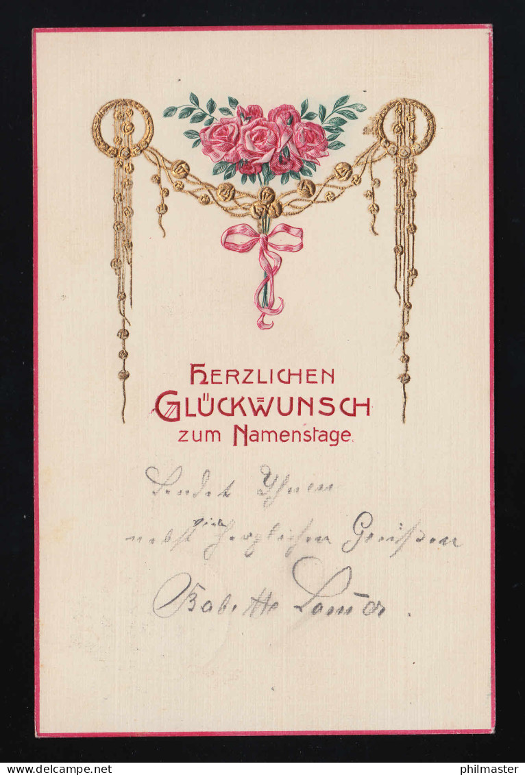 Goldene Ranken Bänder Halten Rosenstrauß Glückwunsch Namenstag München 21.1.1910 - Other & Unclassified