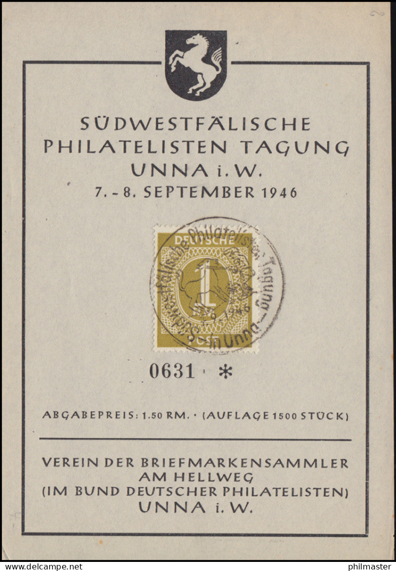 Erinnerungskarte Südwestfälische Philatelisten Tagung In UNNA I.W. SSt 7.9.1946 - Altri & Non Classificati