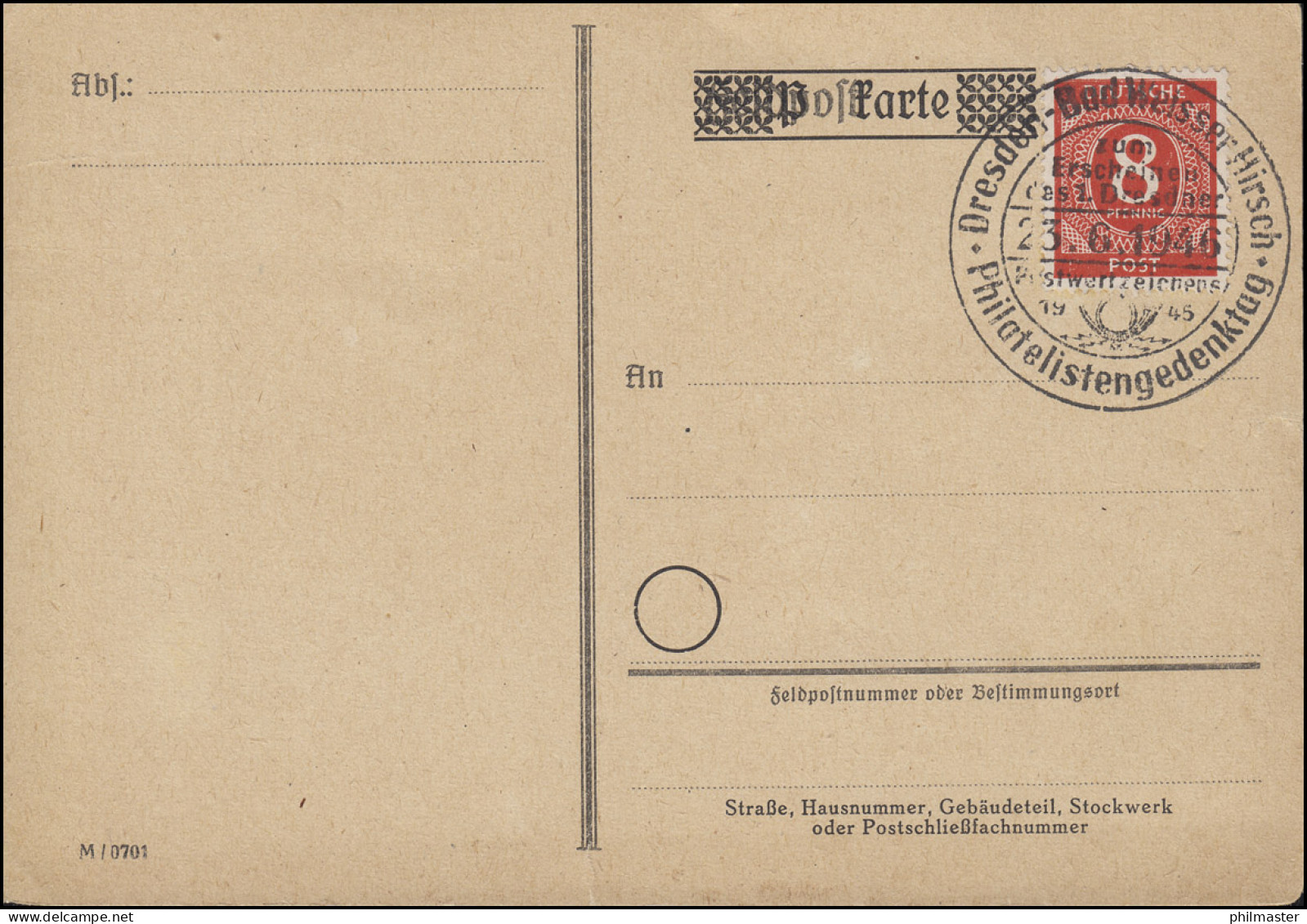 1. Dresdner Postwertzeichen SSt Dresden Bad Weißer Hirsch 23.6.46 Auf Postkarte - Autres & Non Classés