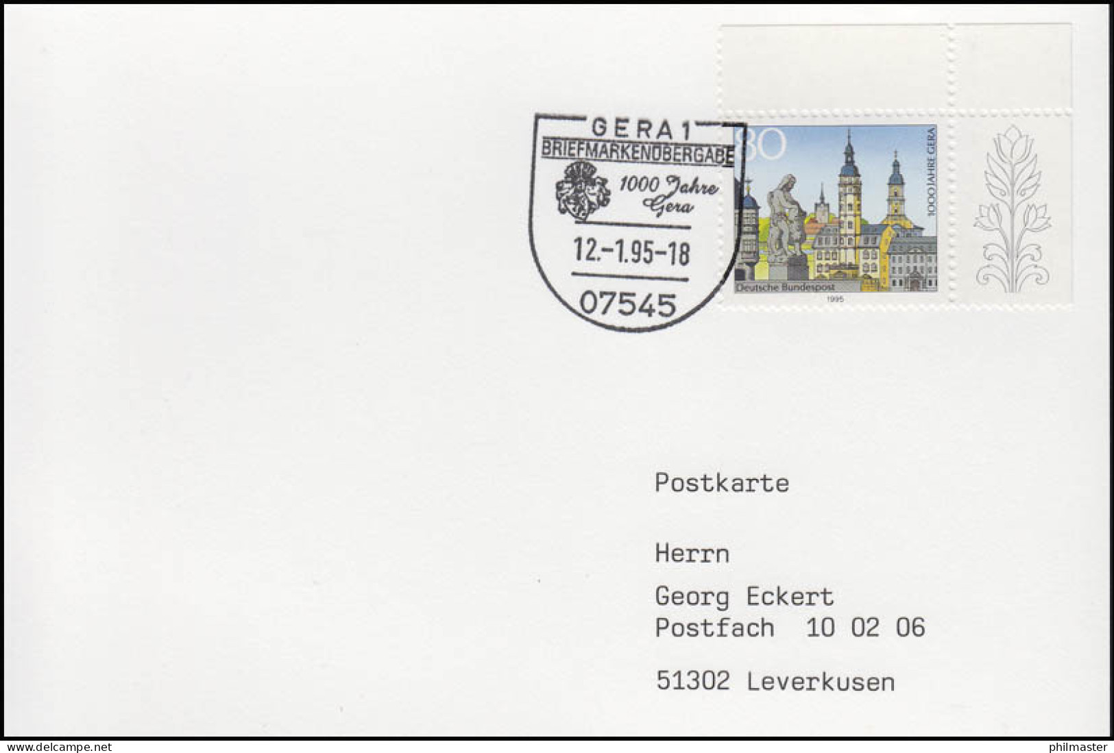 1772 Gera, EF DC ESSt Gera Markenübergabe & Stadtwappen 12.1.1995 - Autres & Non Classés