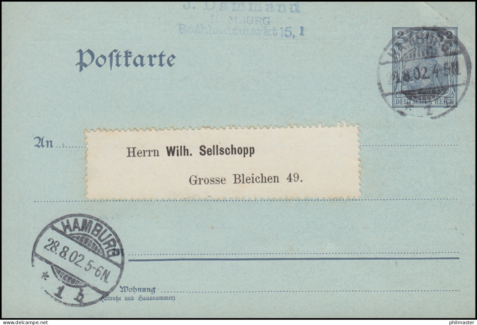 Privatpostkarte PP 20 Verein Der Briefmarkenkunde Zu HAMBURG 28.8.1902 - Sonstige & Ohne Zuordnung