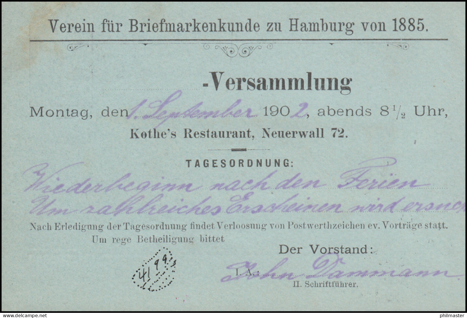 Privatpostkarte PP 20 Verein Der Briefmarkenkunde Zu HAMBURG 28.8.1902 - Altri & Non Classificati