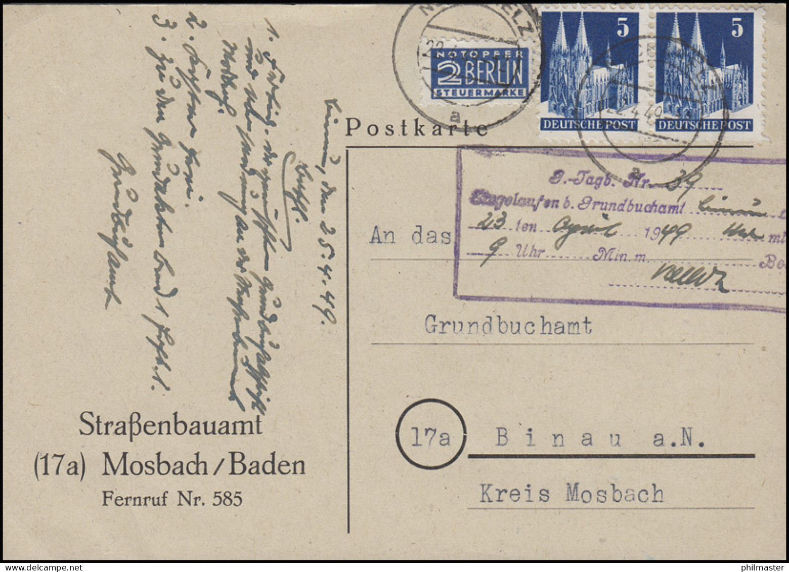 Bauten 5 Pf MeF Postkarte Straßenbauamt Mosbach/Baden NECKARELZ 22.4.49 N. Binau - Autres & Non Classés